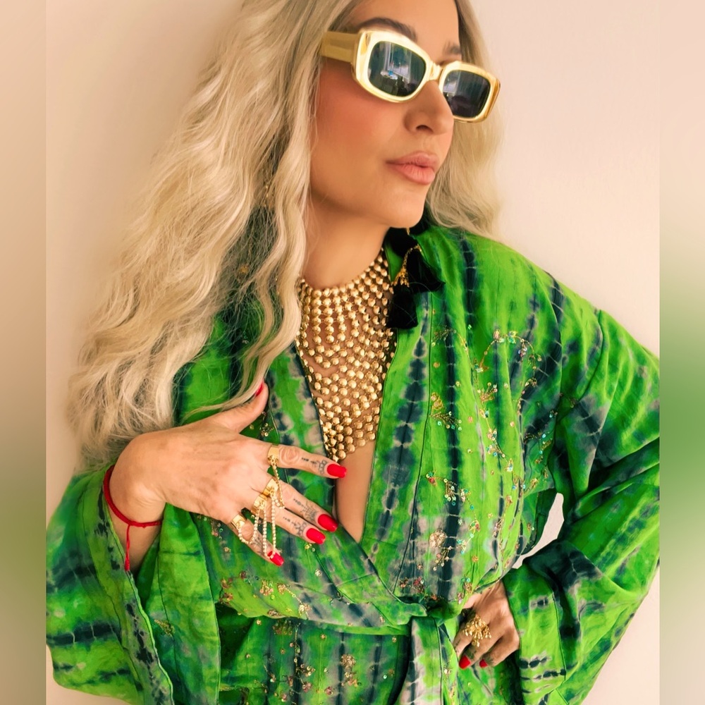 GYPSY GREEN SUSTAINABLE LUXURY TIEDYE  KIMONO MINI W BELT & HEADSCARF